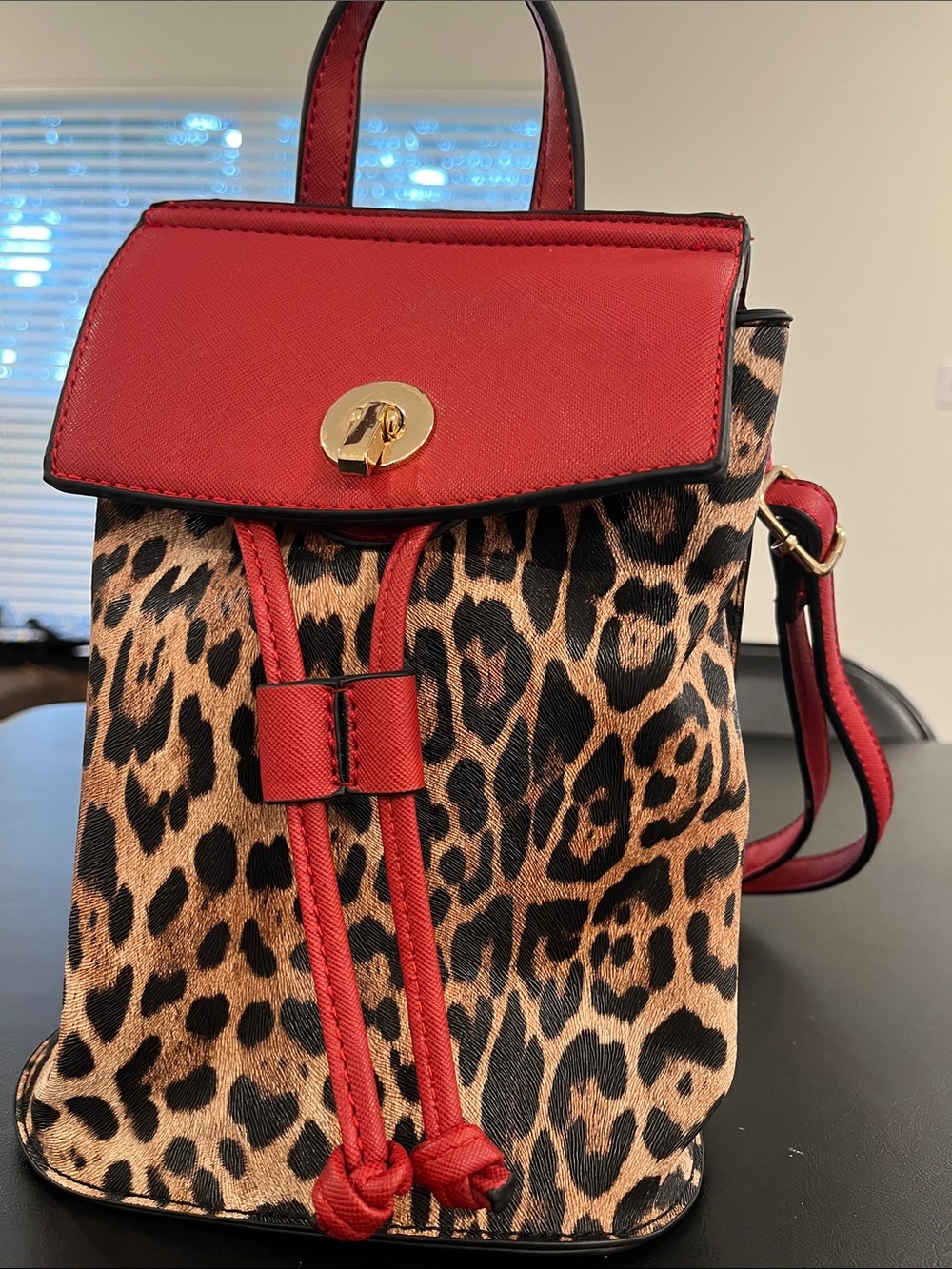 Leopard Print Drawstring Backpack with Red Trim